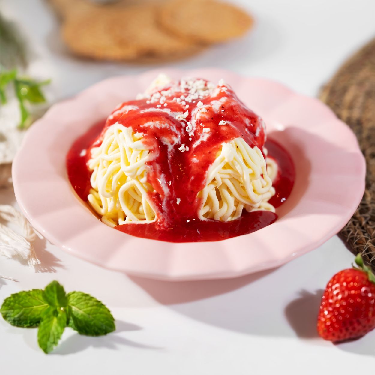 Spaghettieis Erdbeere auf rosa Teller